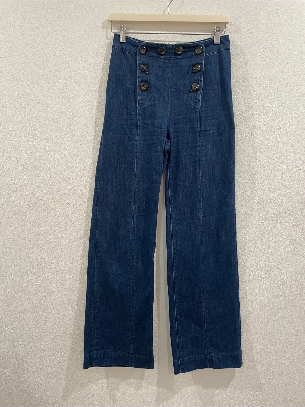 Sesame Denim High-Waist Sailor Damon Wide-Leg Denim Jeans Button Front Size 38